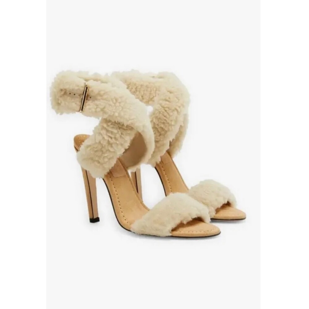 GOOD AMERICAN Faux Shearling Ankle Strap Sandals, Sz 10.5